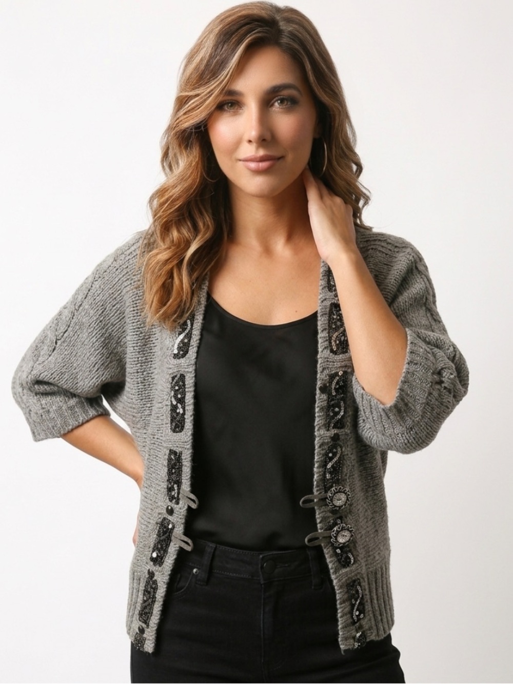 BKE The Buckle Cardigan Sweater Lace Sequins Wool Sweater Gray